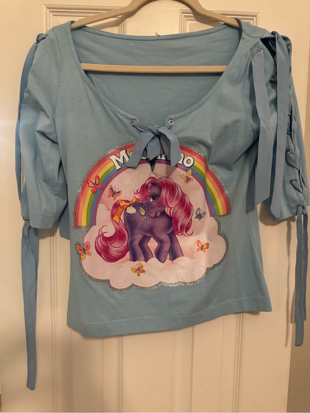MOSCHINO x My Little Pony Light Blue Graphic Top with Bow Sleeves - Picture 3 of 4